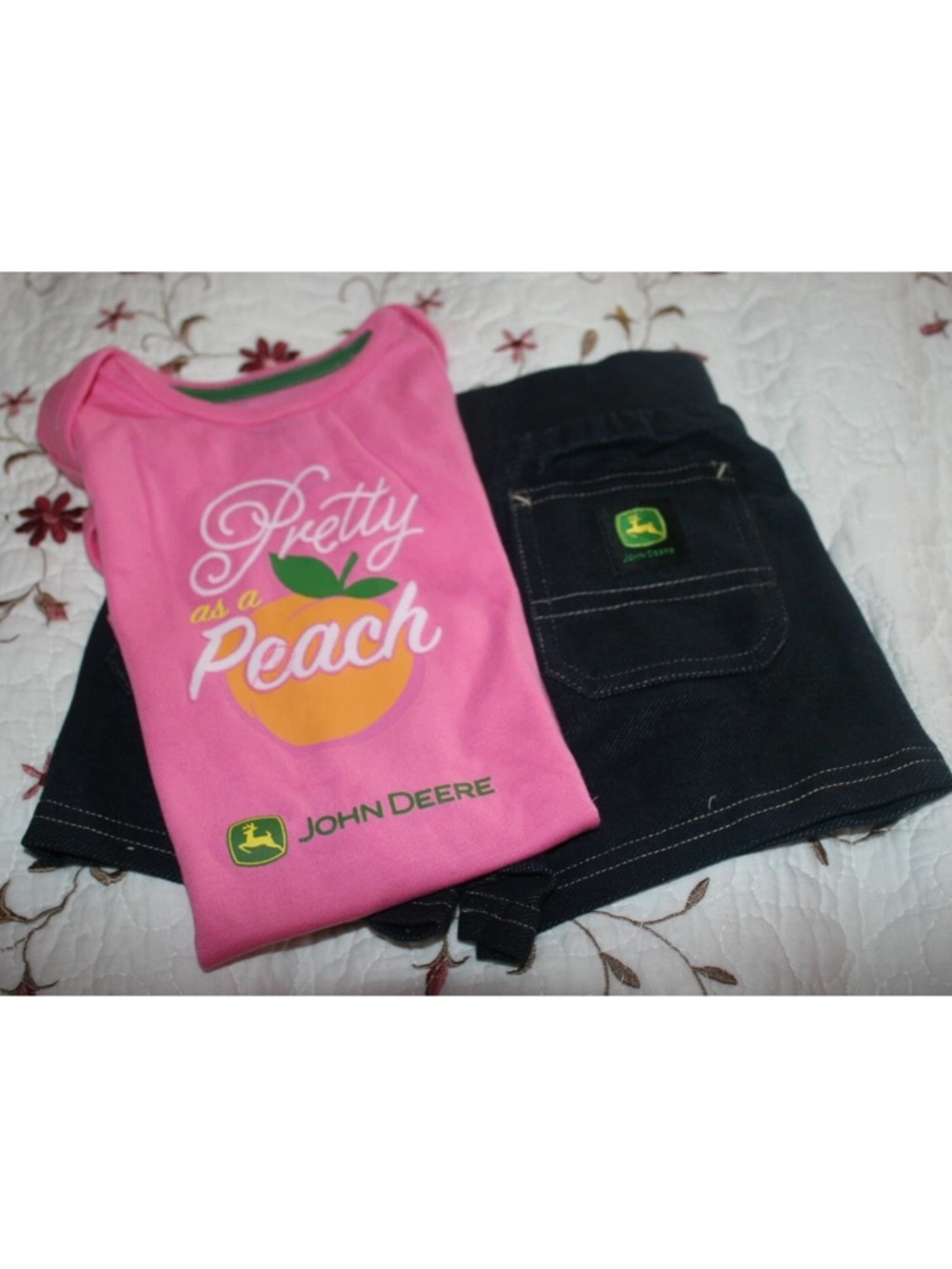 John Deere "Pretty as a Peach" Pink Tee snapbottom with jean Shorts 18 months